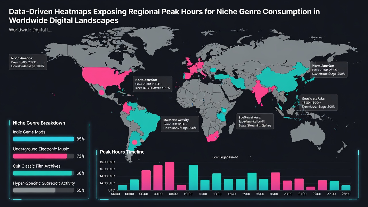 Detailed regional heatmap grid illustrating peak consumption hours for specialized genres in international digital repositories