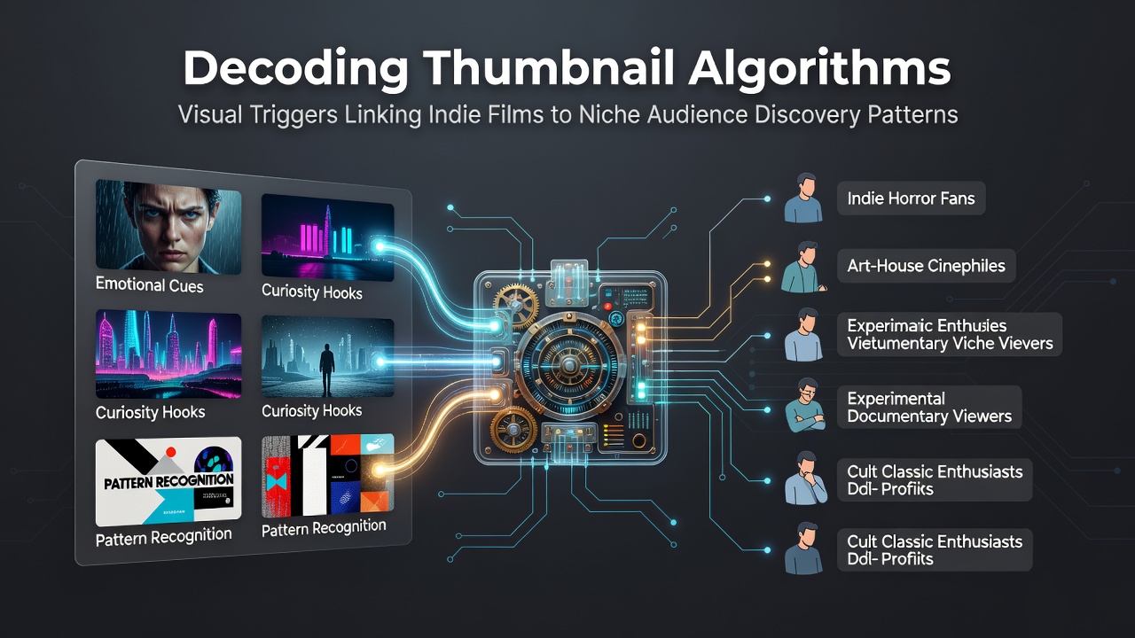 Algorithm visualization showing thumbnail elements like faces, colors, and text overlays used in streaming platforms for indie film recommendations