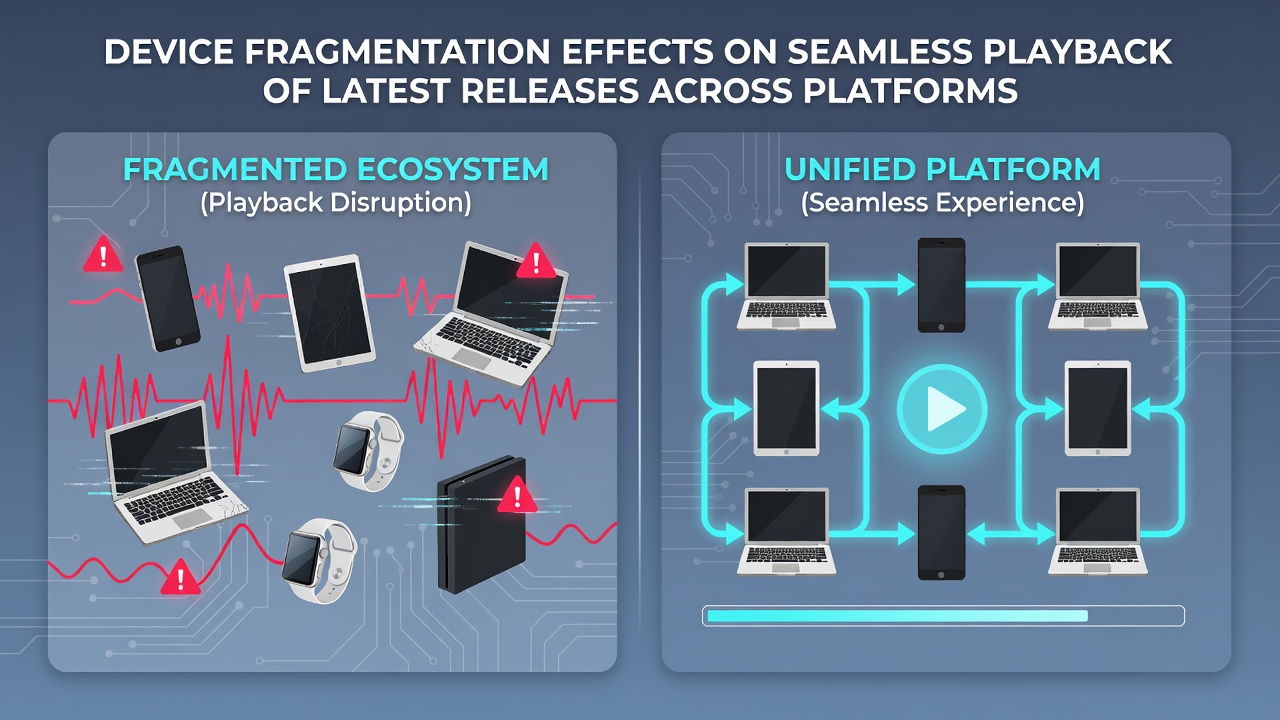 Close-up view of streaming interface on multiple screens showing resolution and codec indicators during playback testing