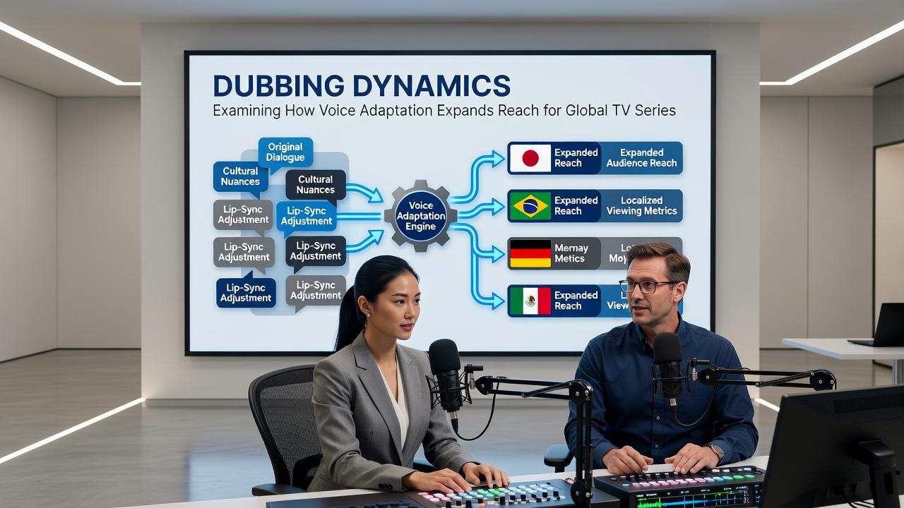 Global map overlay showing dubbing production hubs and audience reach metrics for international TV series