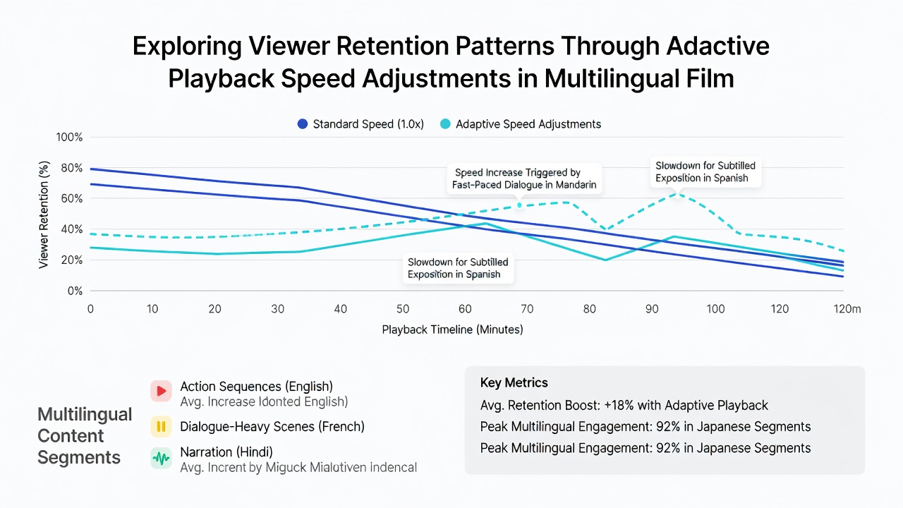 Graph displaying retention curves for viewers using adaptive versus fixed playback speeds in multilingual film archives