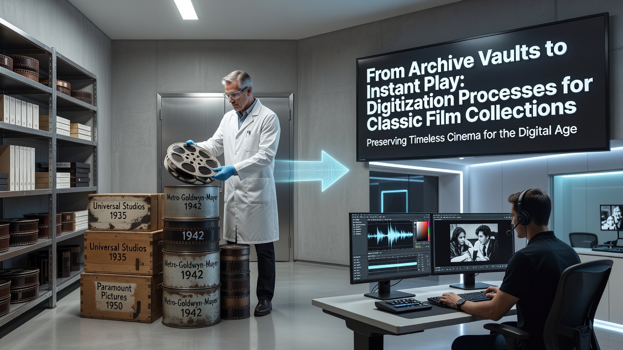 Film archivists handling vintage reels during initial inspection and preparation for digitization