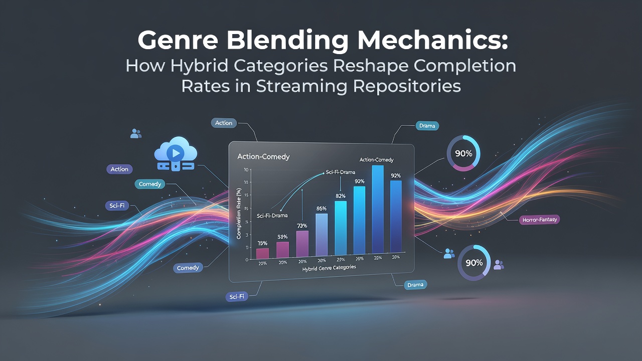 Visual representation of hybrid genre categories merging in streaming interfaces with completion rate graphs overlay