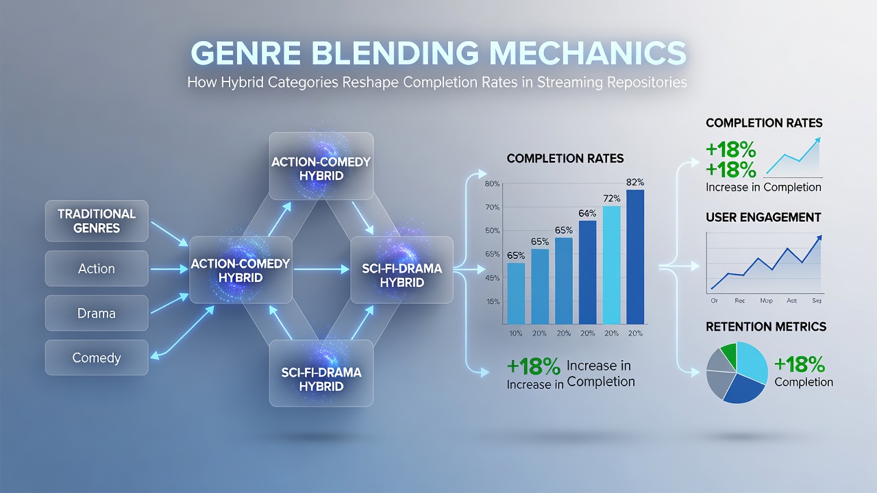 Dashboard view showing viewer completion metrics segmented by hybrid versus single genre categories