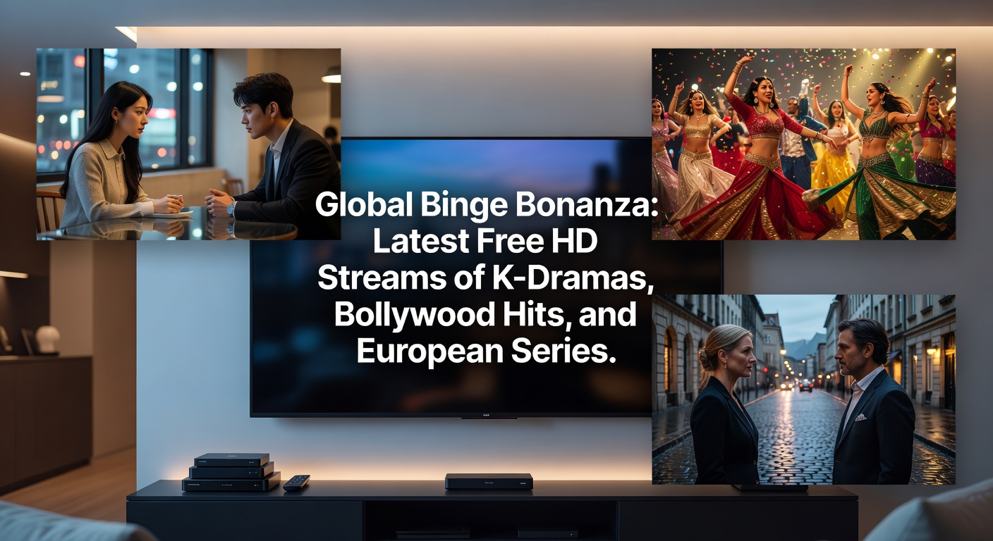 Vibrant collage showcasing K-Drama romance scenes, Bollywood dance numbers, and European thriller moments in crisp HD quality