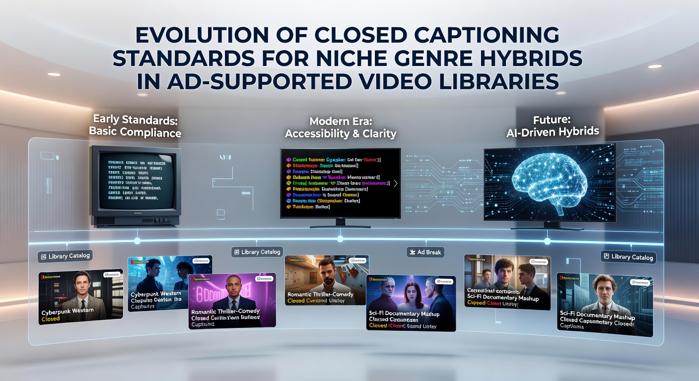Timeline graphic showing closed captioning standard milestones from analog to digital hybrid genre support