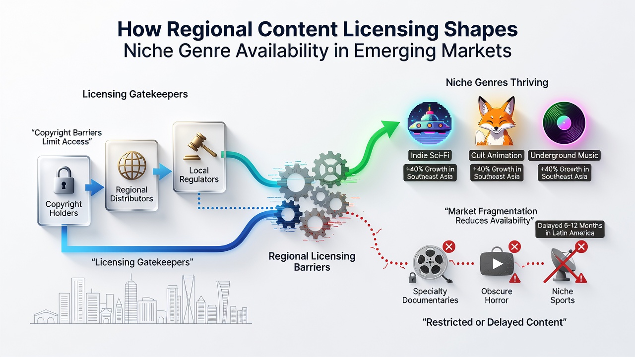 Visual representation of territorial licensing boundaries affecting niche genre access across emerging markets in Asia, Africa, and Latin America