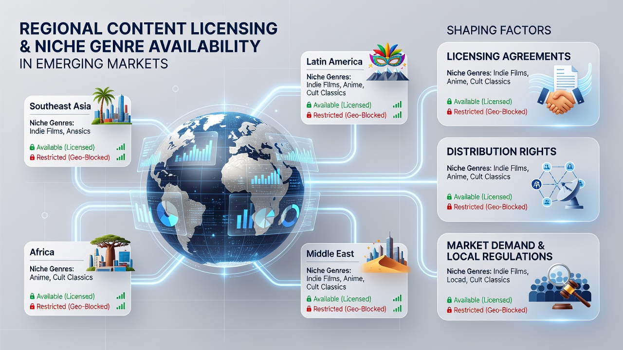 Illustration of streaming platform interfaces displaying limited niche genre options due to regional licensing constraints in developing markets