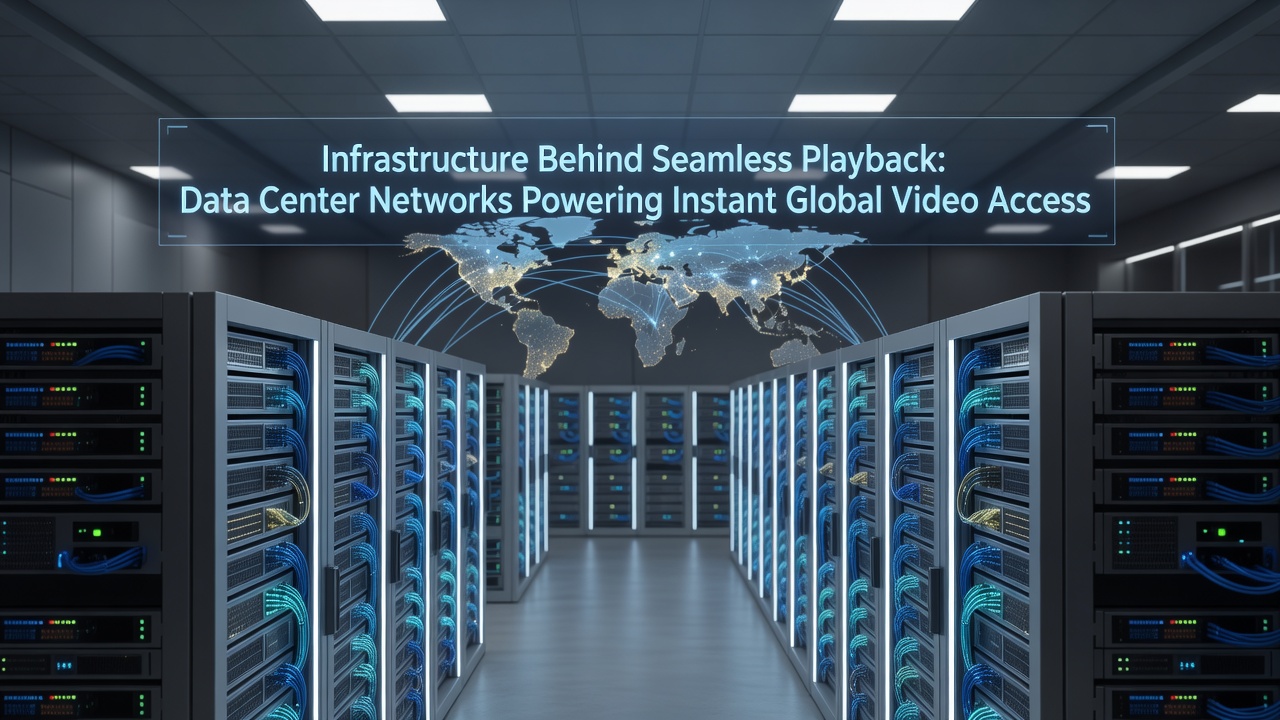 Server racks and fiber optic connections inside a high-capacity data center handling global video traffic