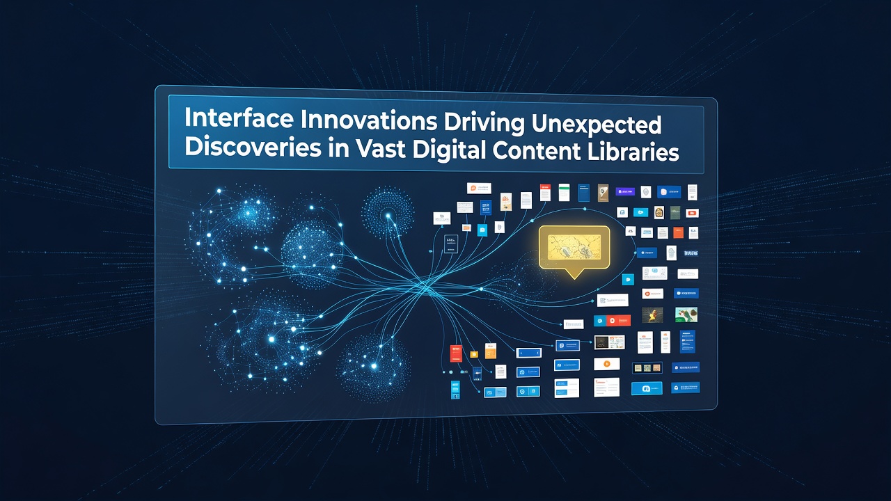 Digital interface showcasing interconnected nodes of archived documents and media files in a vast content library system