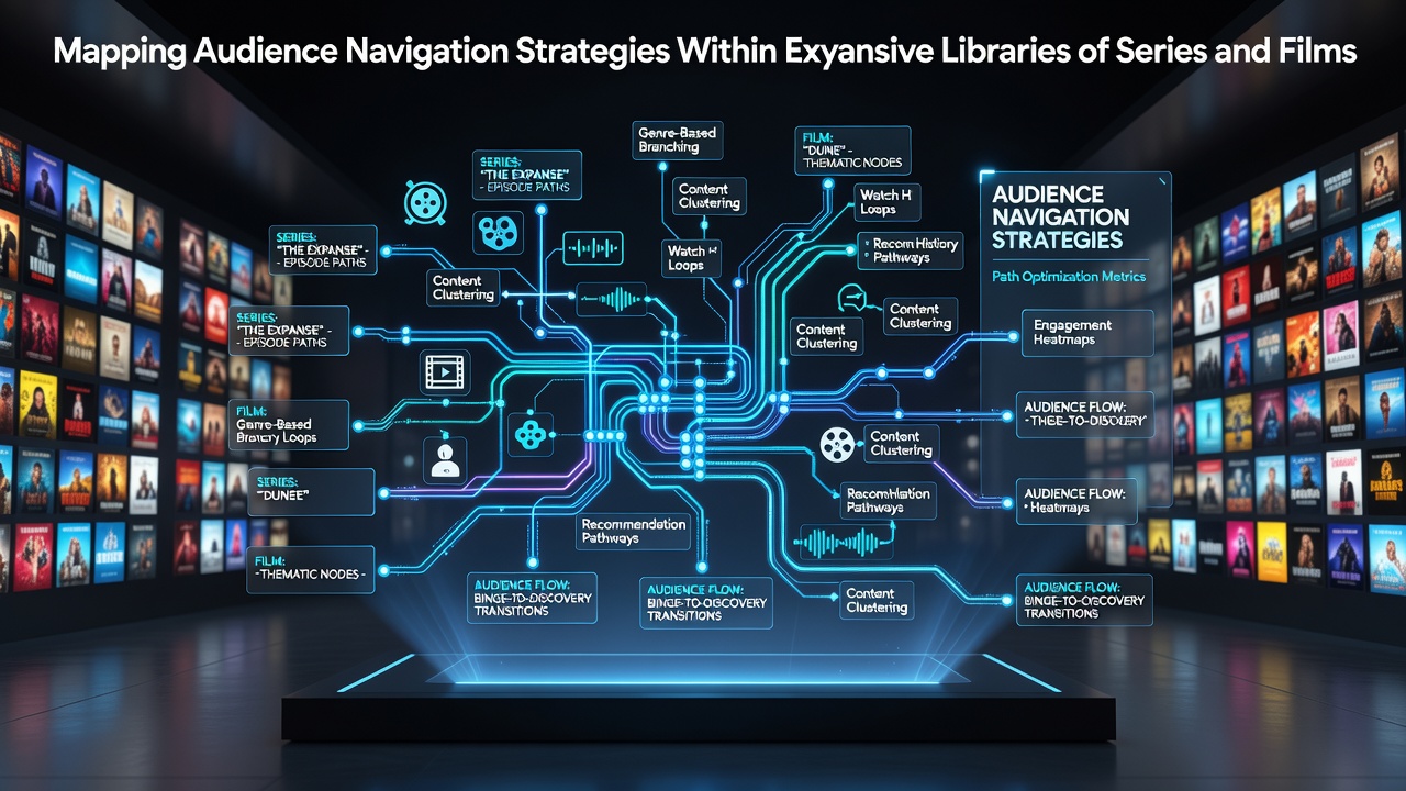 Visual representation of user pathways through extensive digital libraries of films and series, showing interconnected nodes and navigation flows