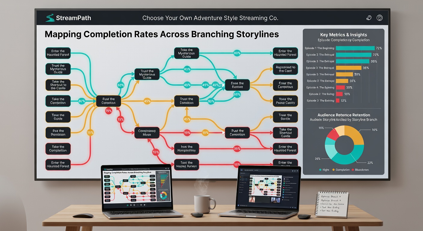 Heatmap visualization of viewer progression through multiple story branches with color-coded completion percentages