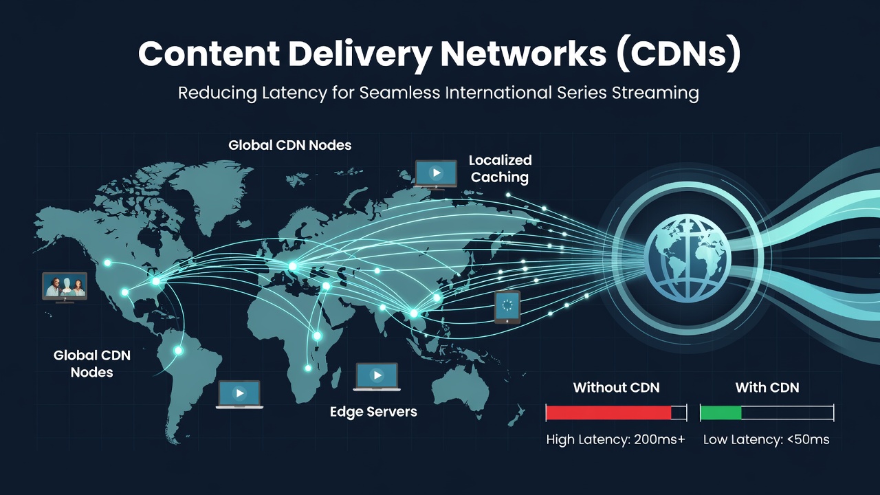 Diagram of edge server clusters routing series streams to viewers across continents