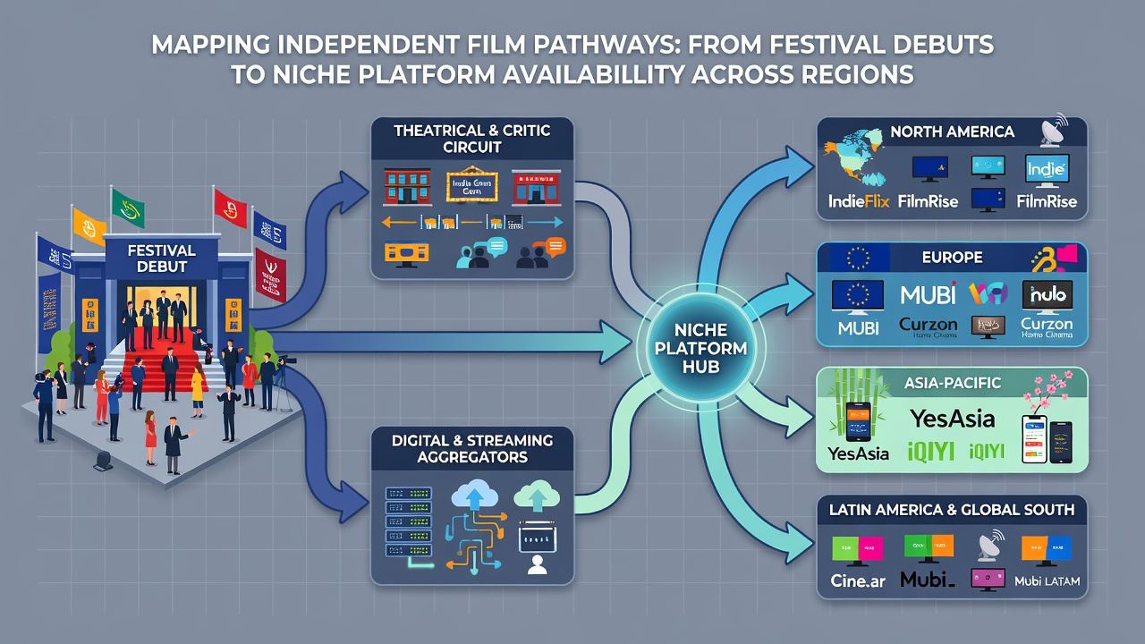 Digital streaming interface displaying independent film selections available in various regional catalogs