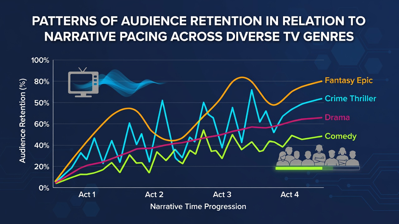 Graph displaying audience retention curves for various television genres based on narrative pacing data