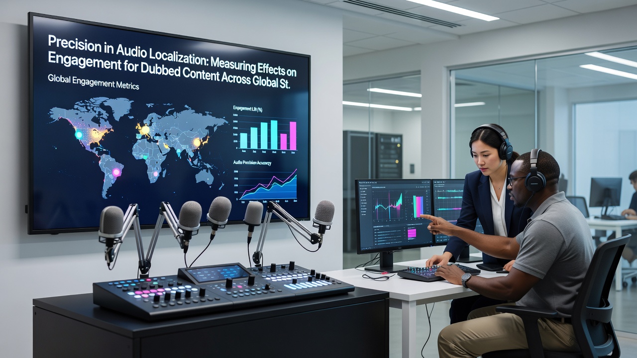Global streaming dashboard displaying engagement metrics for dubbed audio tracks across different regions