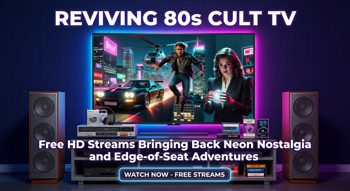 Vibrant neon-lit scene from an 80s cult TV show featuring synthwave aesthetics and dramatic action