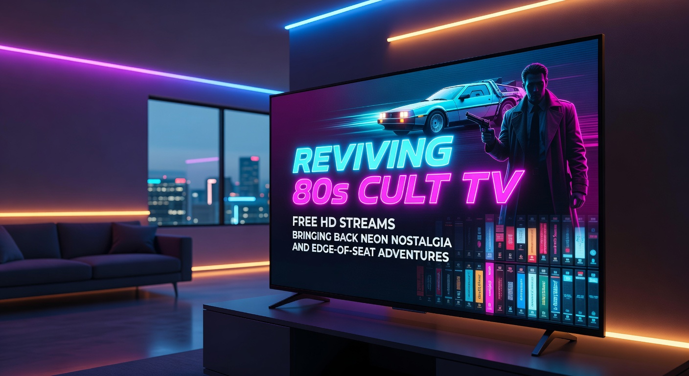 Dynamic shot of 80s TV heroes in action, with helicopters, sports cars, and dramatic lighting evoking high-stakes adventures
