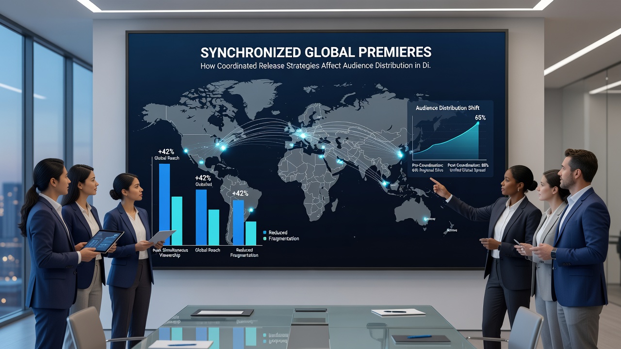 Infographic illustrating audience distribution metrics before and after synchronized release implementation on streaming services