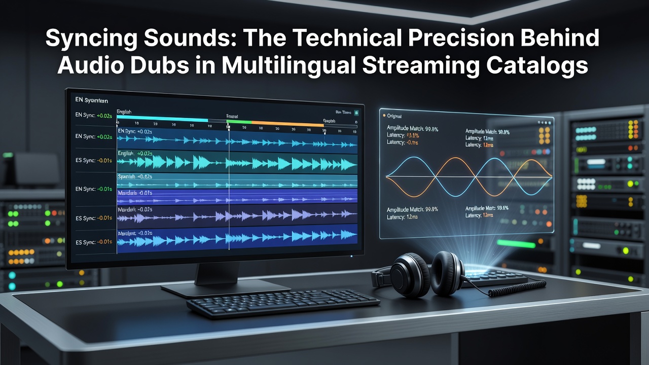 Professional audio dubbing studio with sound engineers adjusting timing and levels for multilingual tracks