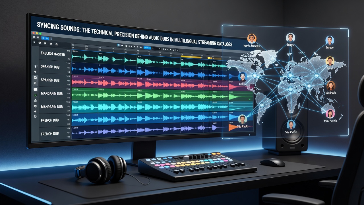 Engineers reviewing waveform alignments and lip-sync metrics on multiple monitors during a dubbing session