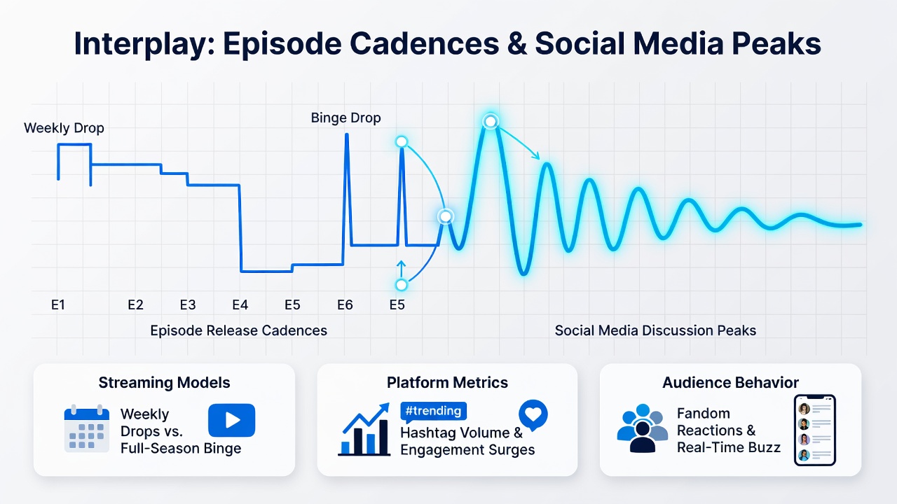 Social media analytics dashboard displaying discussion volume spikes corresponding to different episode release patterns in 2025 and 2026