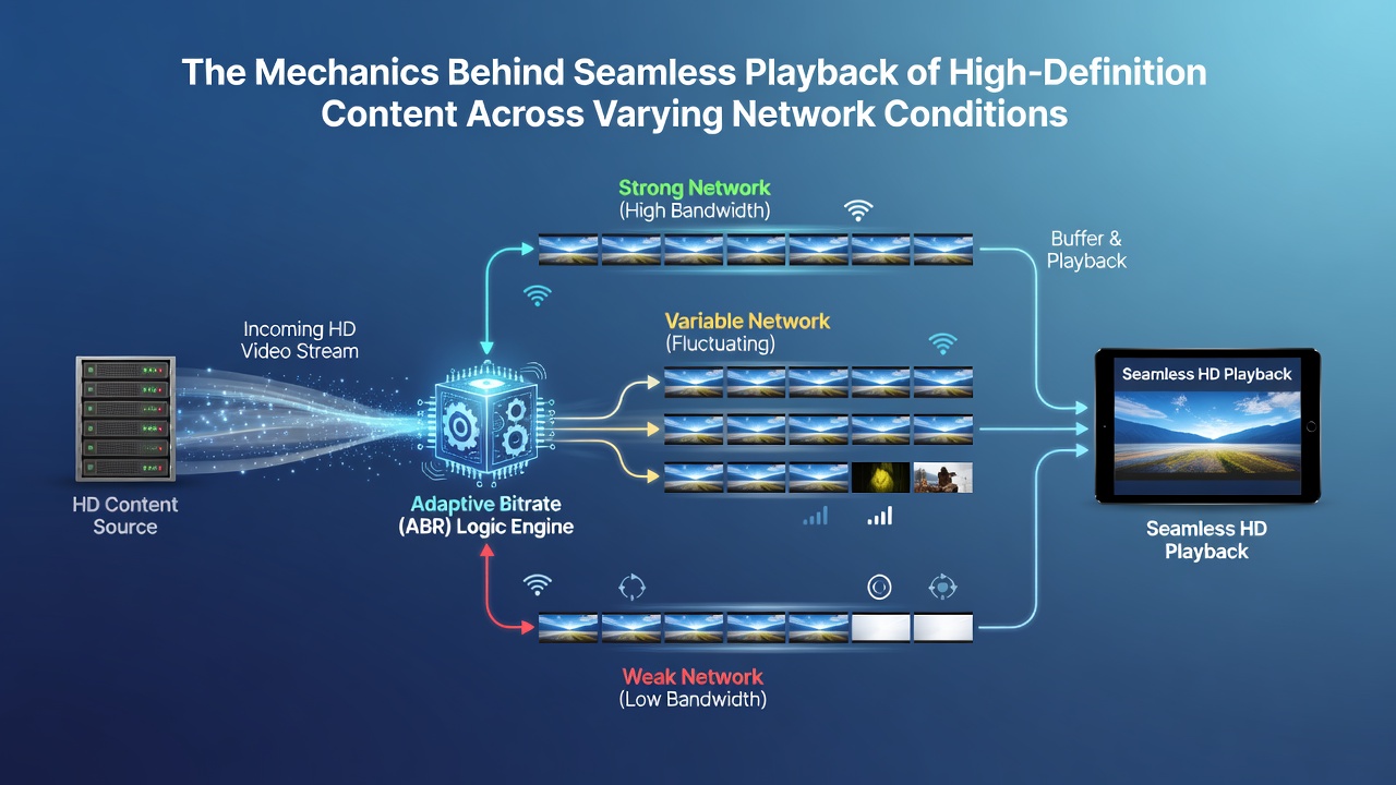 Illustration of content delivery network nodes distributing video segments across geographic regions with adaptive routing