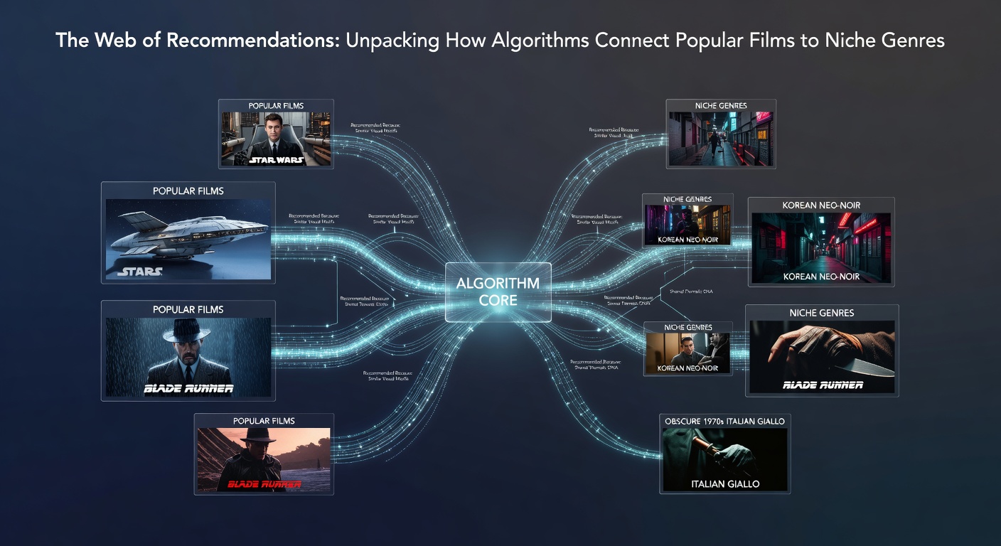 Diagram showing recommendation algorithms linking blockbuster films like action hits to niche genres such as experimental documentaries through user data pathways