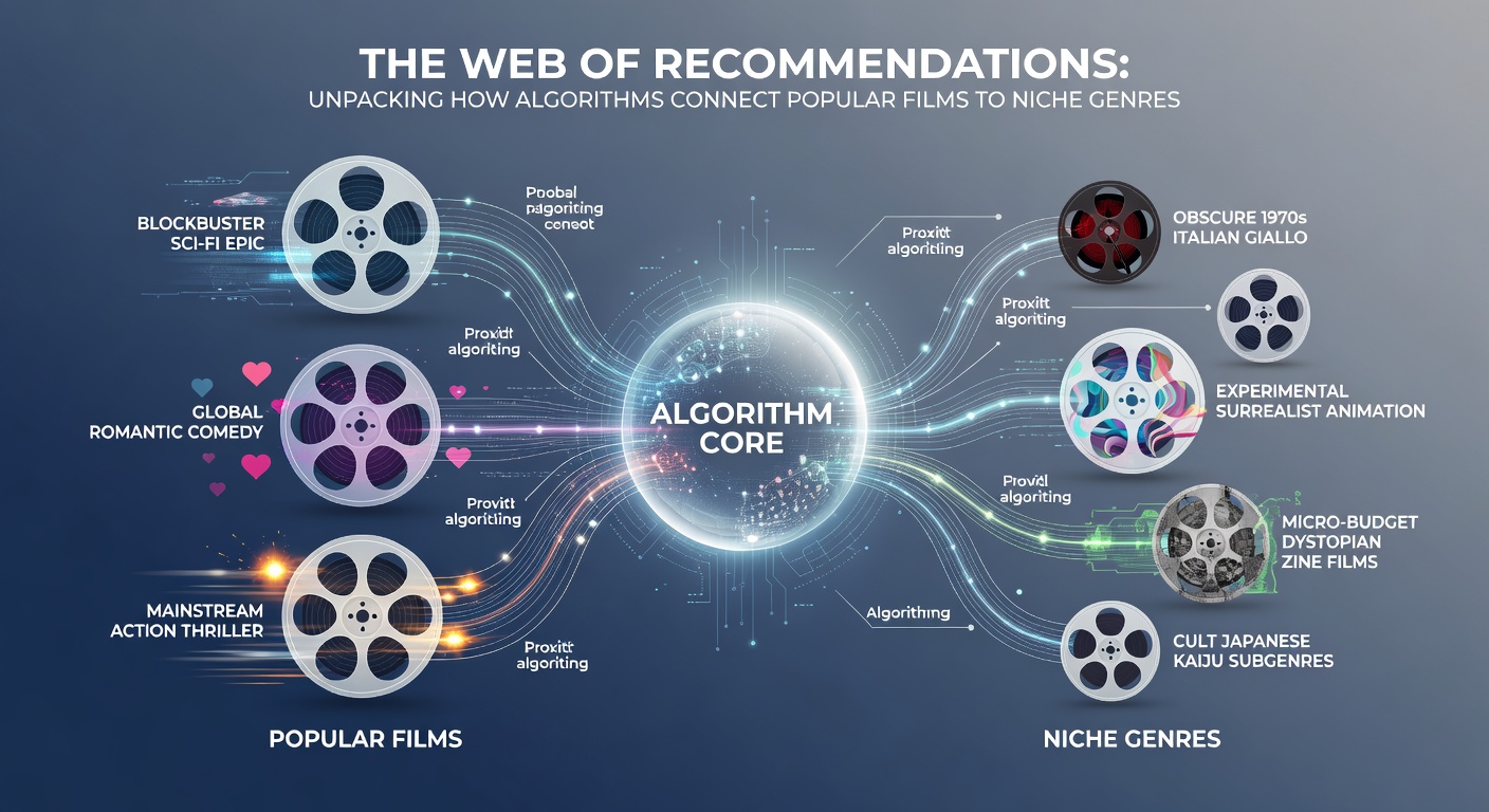 Flowchart illustrating data points from popular movie watches flowing into niche genre suggestions on streaming interfaces