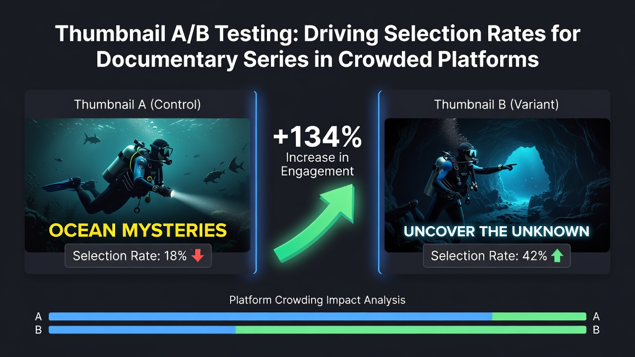 Data dashboard displaying A/B test results for documentary thumbnail click rates on a crowded streaming platform