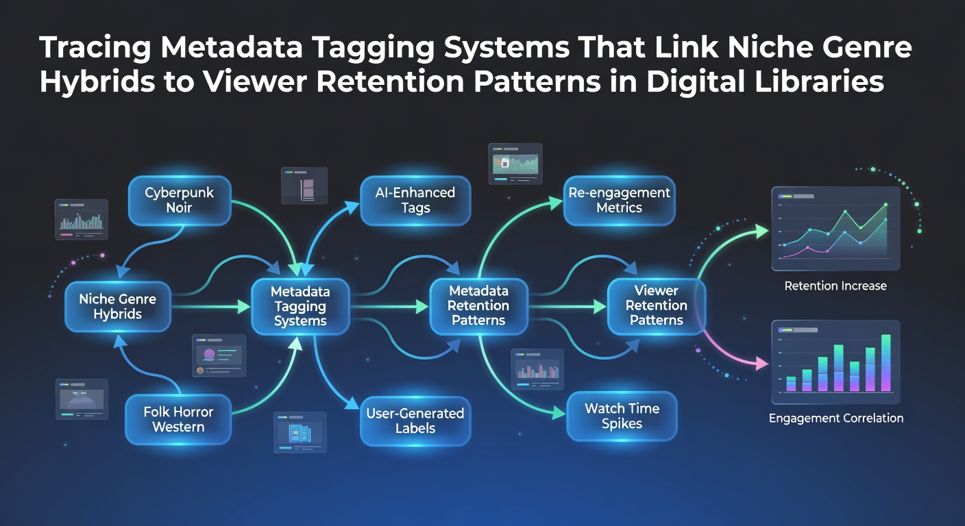 Visualization of metadata tagging layers connecting hybrid genre elements to retention analytics in digital libraries