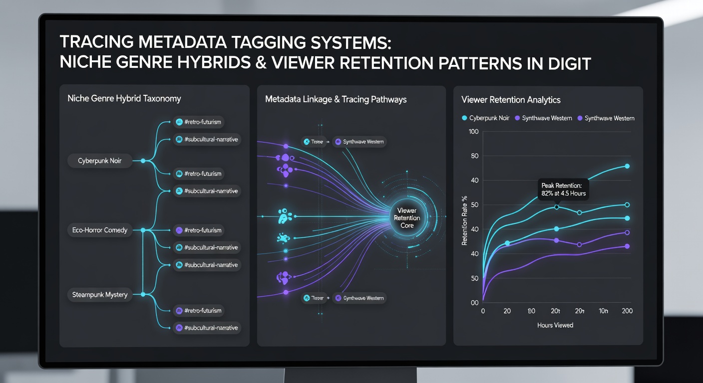 Diagram illustrating data flows from hybrid genre tags to viewer retention metrics in library systems