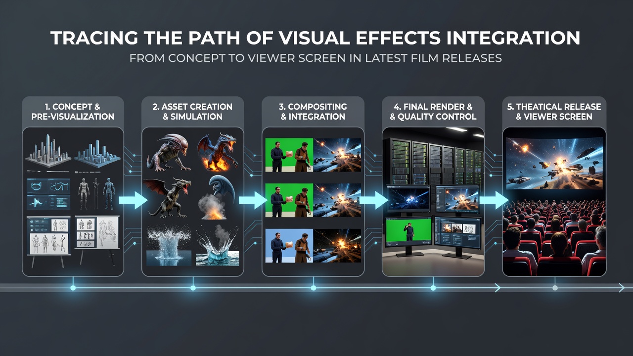 Compositing artists adjusting layered elements and color grading passes on high-resolution monitors during final visual effects review