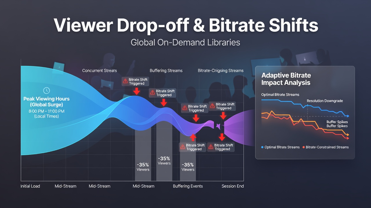 Global streaming analytics dashboard showing bitrate fluctuation graphs overlaid on viewer retention curves during evening peak hours