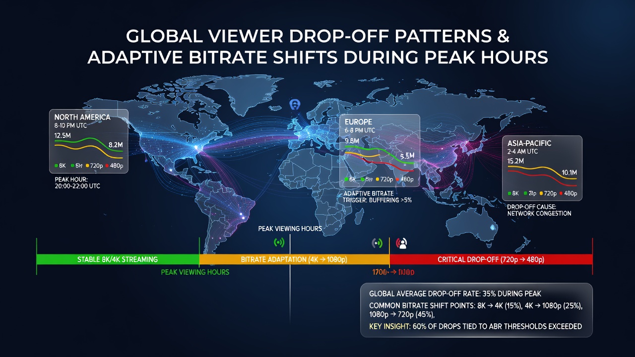 Heatmap visualization of viewer drop-off events synchronized with adaptive bitrate transitions across multiple continents